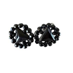 Antique Victorian Black Glass Screw On Earrings Floral